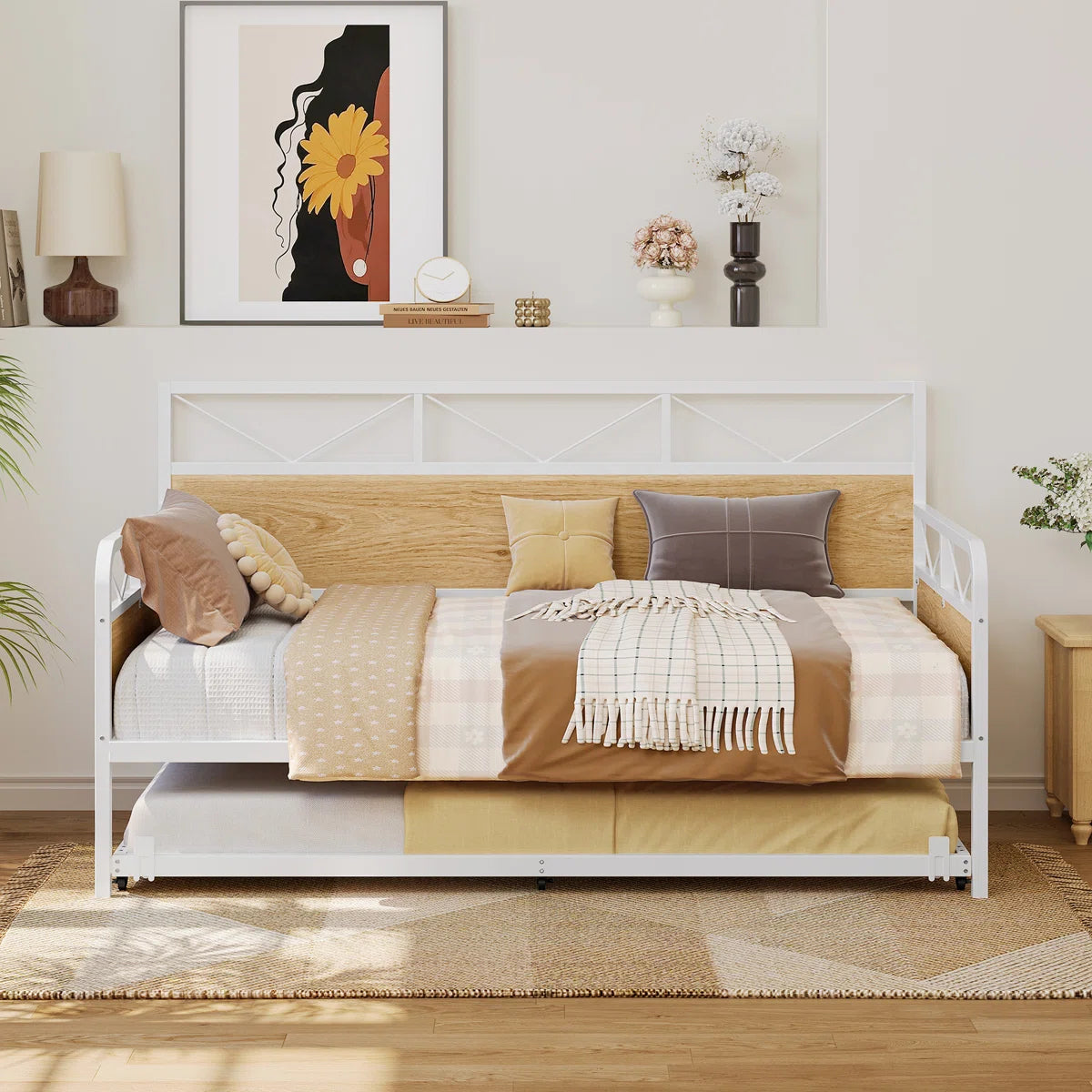 Industrial Style Metal Frame Daybed with Trundle, Twin Bed Frame with Wood Headboard, Guest Beds with Steel Slat Support for Living Room, Bedroom