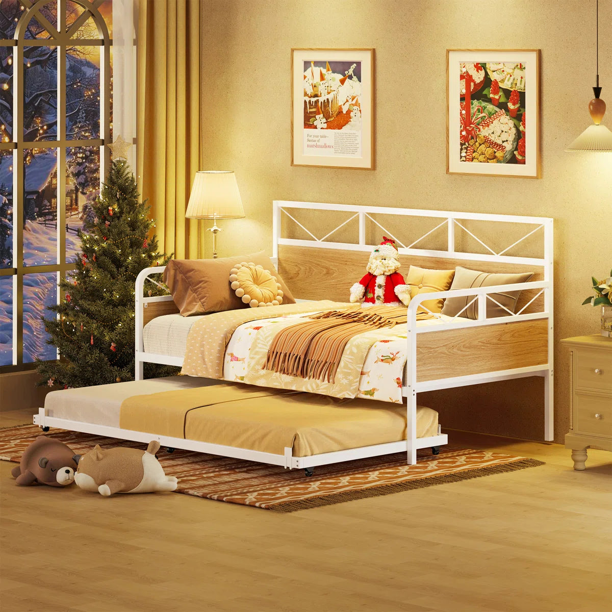Industrial Style Metal Frame Daybed with Trundle, Twin Bed Frame with Wood Headboard, Guest Beds with Steel Slat Support for Living Room, Bedroom