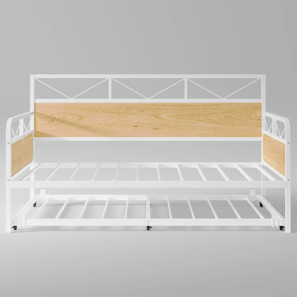 Industrial Style Metal Frame Daybed with Trundle, Twin Bed Frame with Wood Headboard, Guest Beds with Steel Slat Support for Living Room, Bedroom