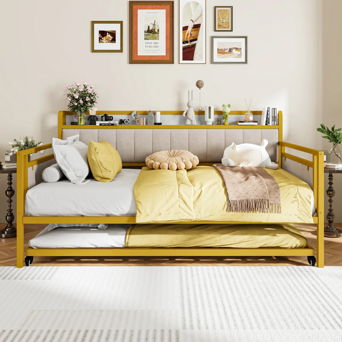 77.3’’ L Storage Daybed With Trundle And Charging Station, Metal Frame Twin Size Daybed Platform Bed With Velvet Fabric Upholstered Headboard And Storage Shelf
