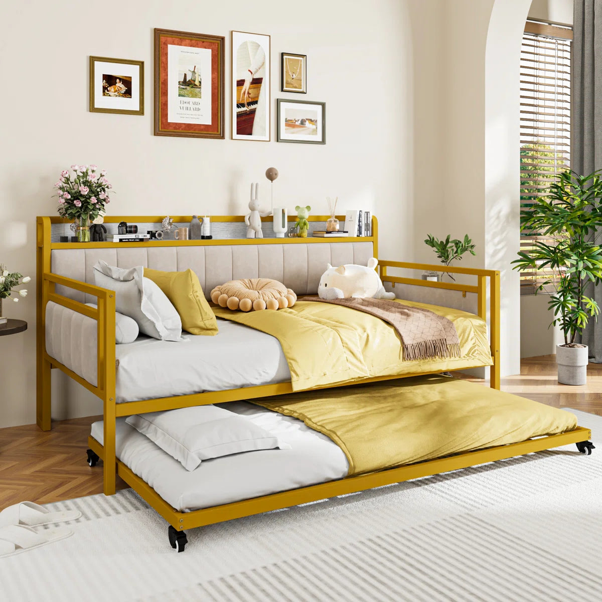 77.3’’ L Storage Daybed With Trundle And Charging Station, Metal Frame Twin Size Daybed Platform Bed With Velvet Fabric Upholstered Headboard And Storage Shelf