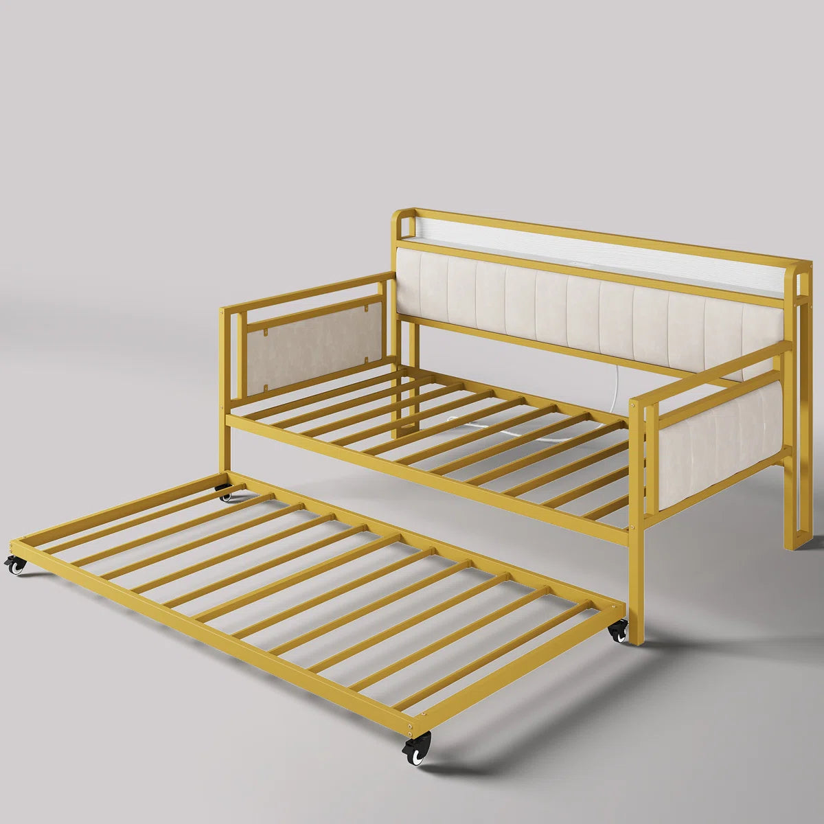 77.3’’ L Storage Daybed With Trundle And Charging Station, Metal Frame Twin Size Daybed Platform Bed With Velvet Fabric Upholstered Headboard And Storage Shelf