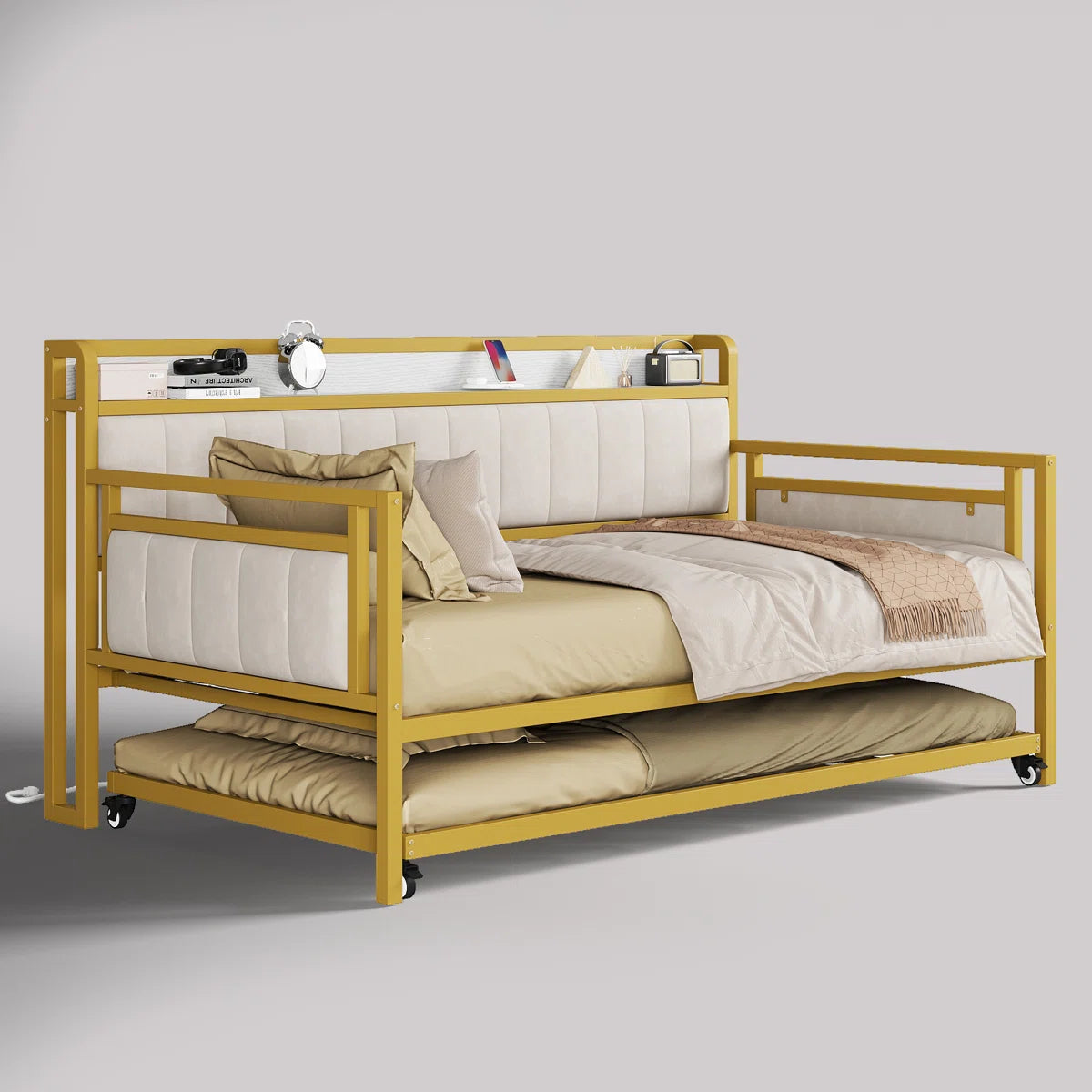 77.3’’ L Storage Daybed With Trundle And Charging Station, Metal Frame Twin Size Daybed Platform Bed With Velvet Fabric Upholstered Headboard And Storage Shelf