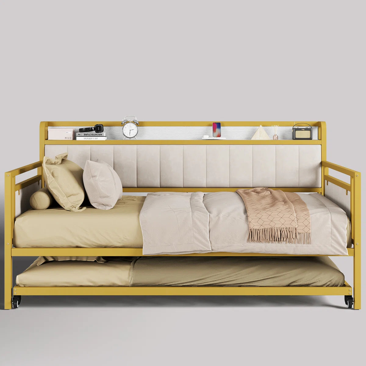 77.3’’ L Storage Daybed With Trundle And Charging Station, Metal Frame Twin Size Daybed Platform Bed With Velvet Fabric Upholstered Headboard And Storage Shelf