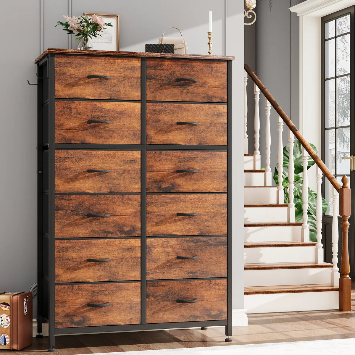 Rocki 12 Drawer Dresser Chest of Drawers for Bedroom Closet with Wood Top Tall Dresser