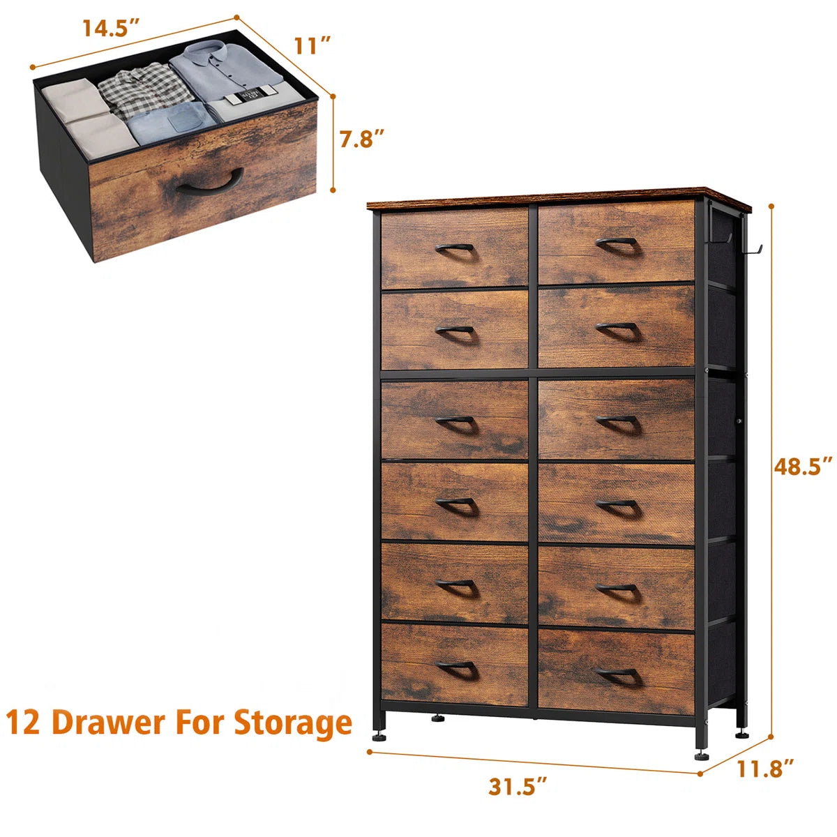 Rocki 12 Drawer Dresser Chest of Drawers for Bedroom Closet with Wood Top Tall Dresser
