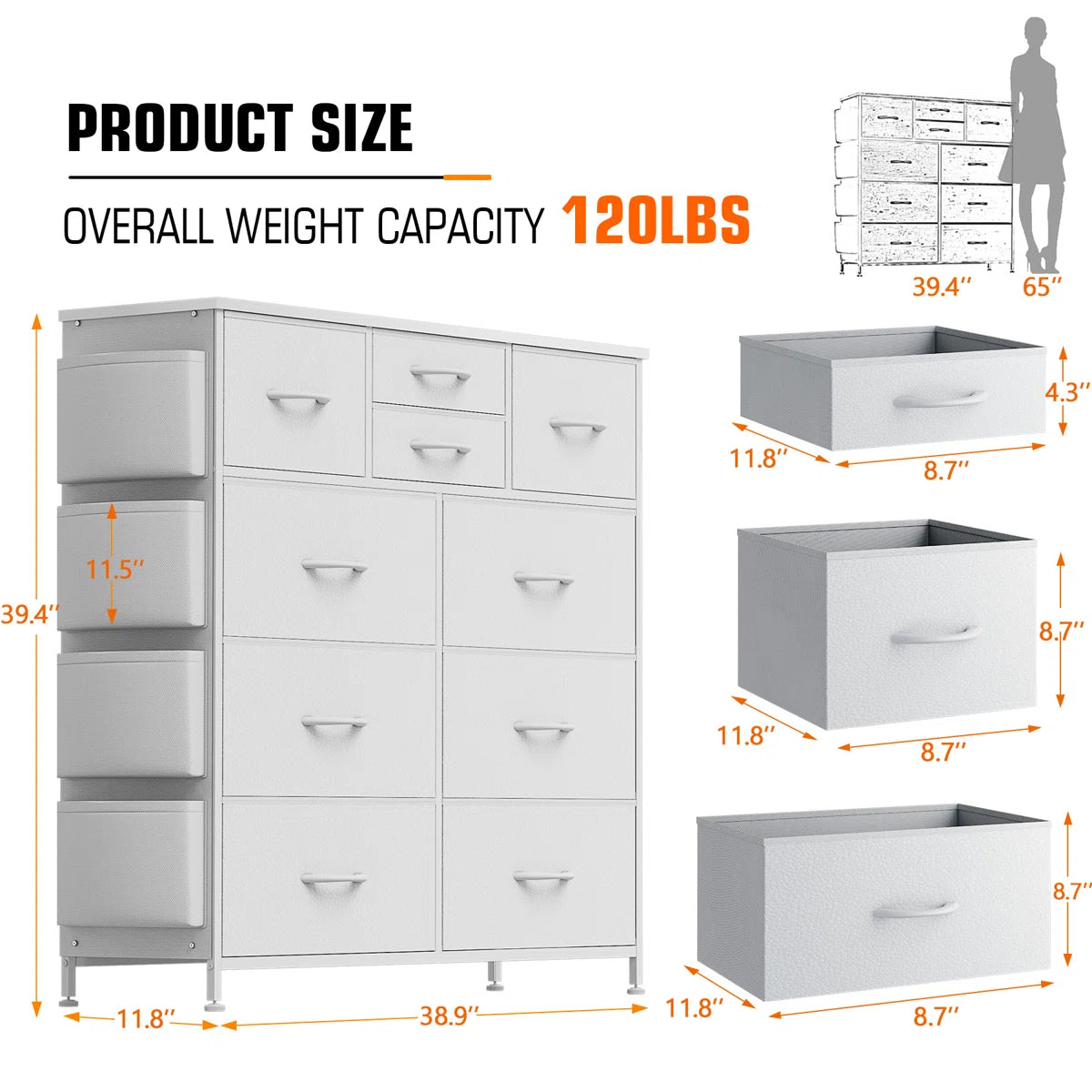 Sienna-Marie 10 - Drawer Dresser, Chest of Drawers for Living Room with 4 Side Pockets and 2 Hooks