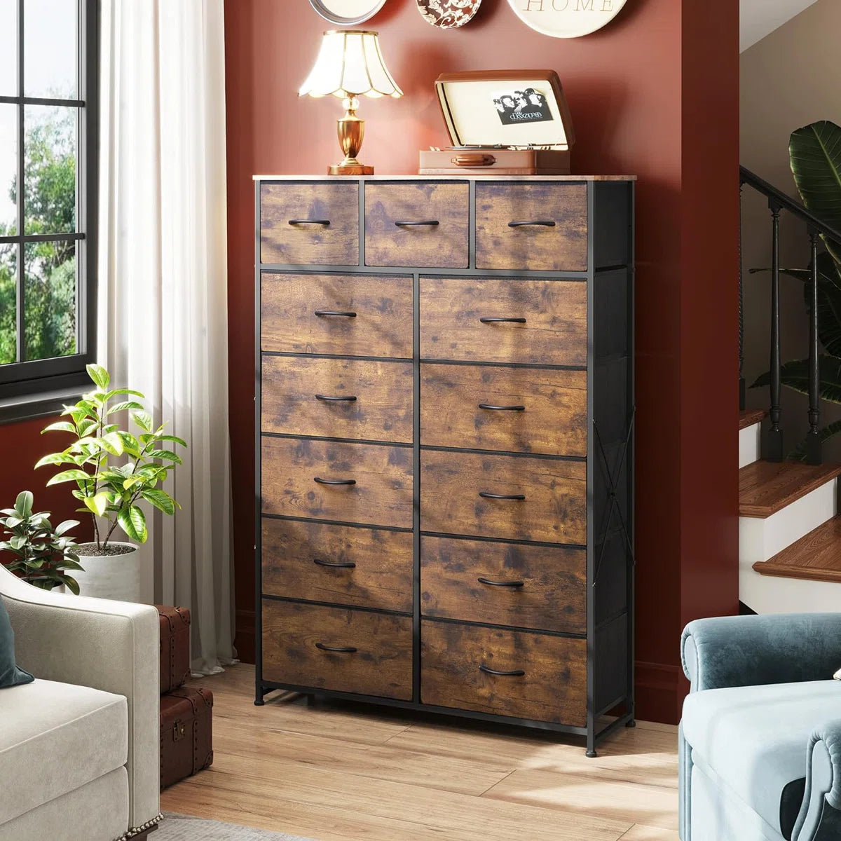 Tall Dresser For Bedroom With 13 Fabric Drawers, Storage Dresser Organizer Unit, Chest Of Drawers, Steel Frame, Wood Top