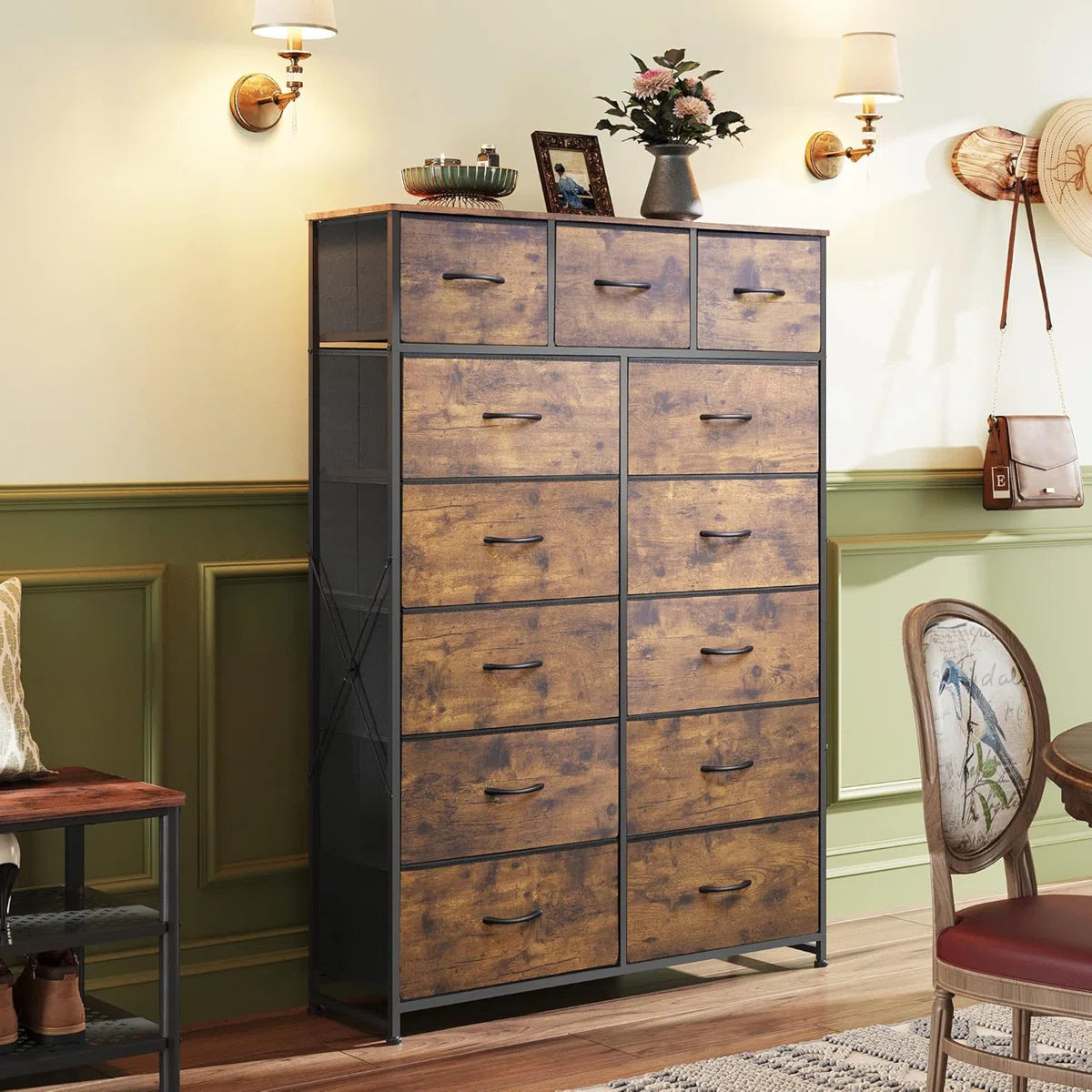 Tall Dresser For Bedroom With 13 Fabric Drawers, Storage Dresser Organizer Unit, Chest Of Drawers, Steel Frame, Wood Top