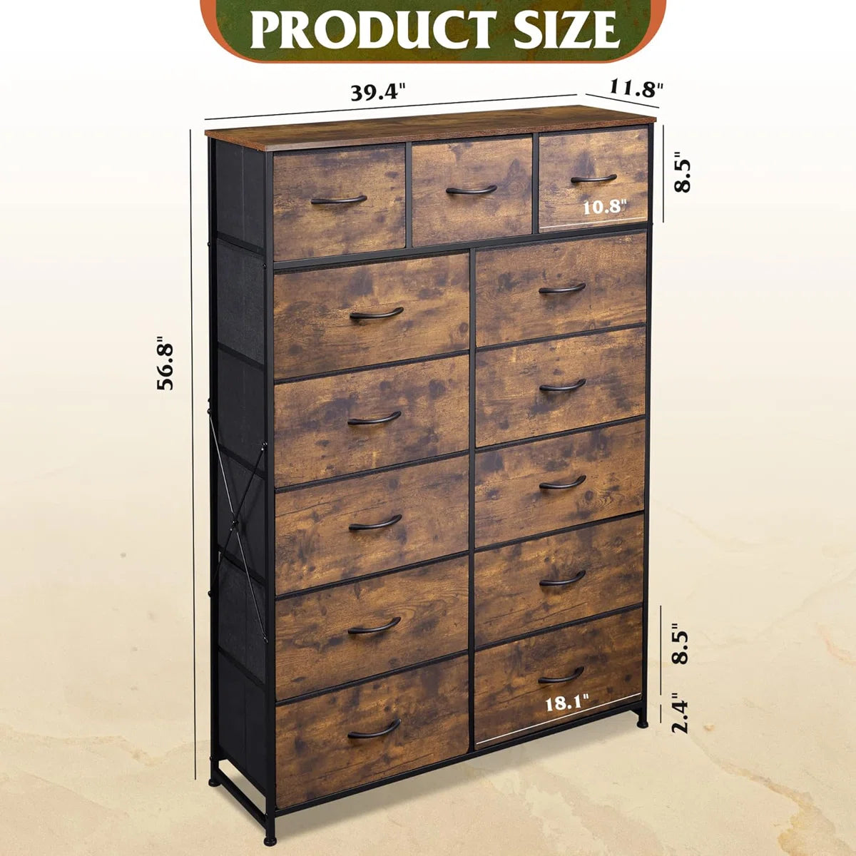 Tall Dresser For Bedroom With 13 Fabric Drawers, Storage Dresser Organizer Unit, Chest Of Drawers, Steel Frame, Wood Top