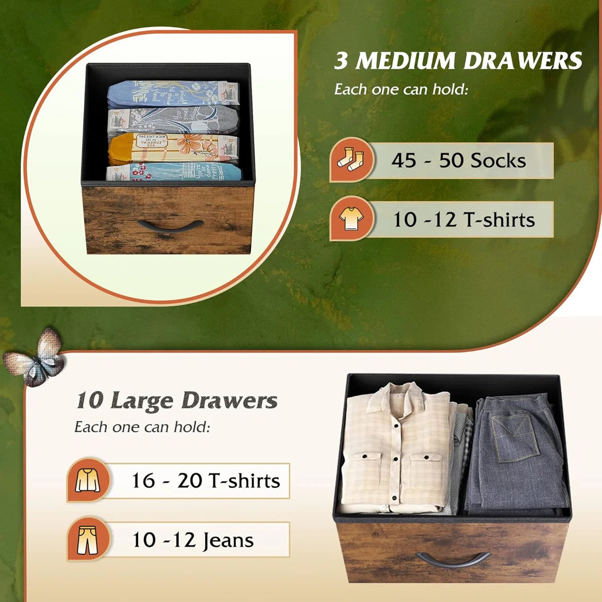 Tall Dresser For Bedroom With 13 Fabric Drawers, Storage Dresser Organizer Unit, Chest Of Drawers, Steel Frame, Wood Top